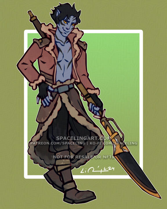 Illustration of a smirking young man with feline features standing with a sci-fi spear at his side. He has blue-grey fur with sparse black striping, black hair, and bright yellow eyes. His waist-length coat with fur lining is open and exposing his bare che