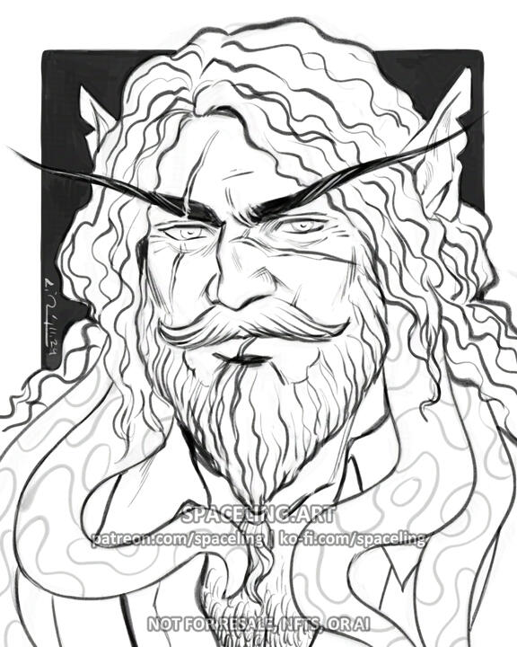 World of Warcraft fanart illustration of a void elf. The image features a detailed line art illustration of a character with long, wavy hair, a prominent beard, and void tentacles. Their facial expression is serious, with thick eyebrows and a well-defined