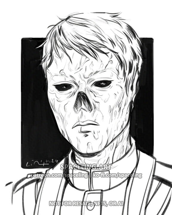 Fallout fanart illustration. The image features a black and white illustration of a ghoul character with short, patchy hair. The character is wearing a collared outfit with buttons, and the lines are clean and detailed, emphasizing their features and cloth