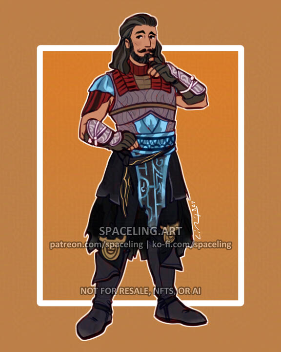 Illustration of a bearded man in colourful low-fantasy clothes.