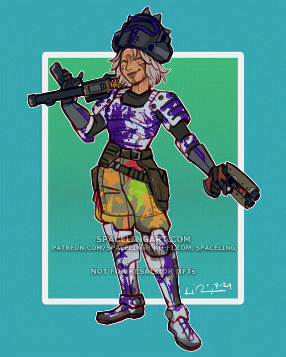 Illustration of a zabrak mercenary with cultural tattoos on her face and paint splatters on her armour and trousers; purple splatters on her armour and multicoloured on her trousers. She's resting a rifle on one shoulder and aiming a blaster with the other