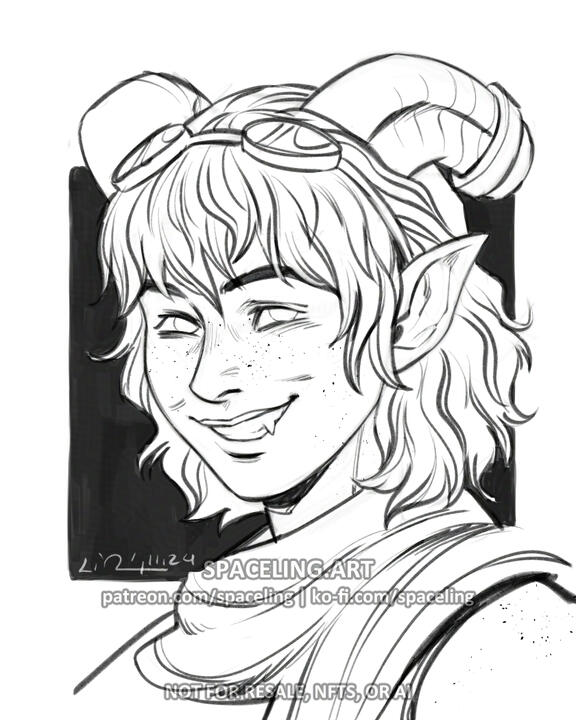 World of Warcraft fanart illustration of a draenei. The image features a black and white sketch of a character with horns and pointed ears, suggesting a fantasy or mythical theme. The character has wavy hair and is wearing a scarf. The background consists
