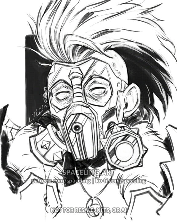 World of Warcraft fanart illustration. The image features a stylized black and white illustration of am undead character with a distinctive mohawk hairstyle and a gas mask with large round goggles attached. The lines are bold and dynamic, emphasizing the c
