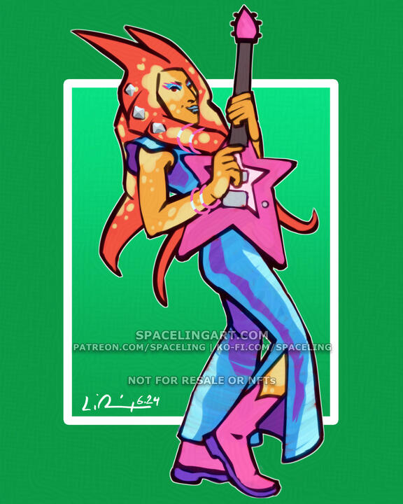 Illustration of a yellow and orange togruta from Star Wars, jamming on a hot pink star-shaped guitar.