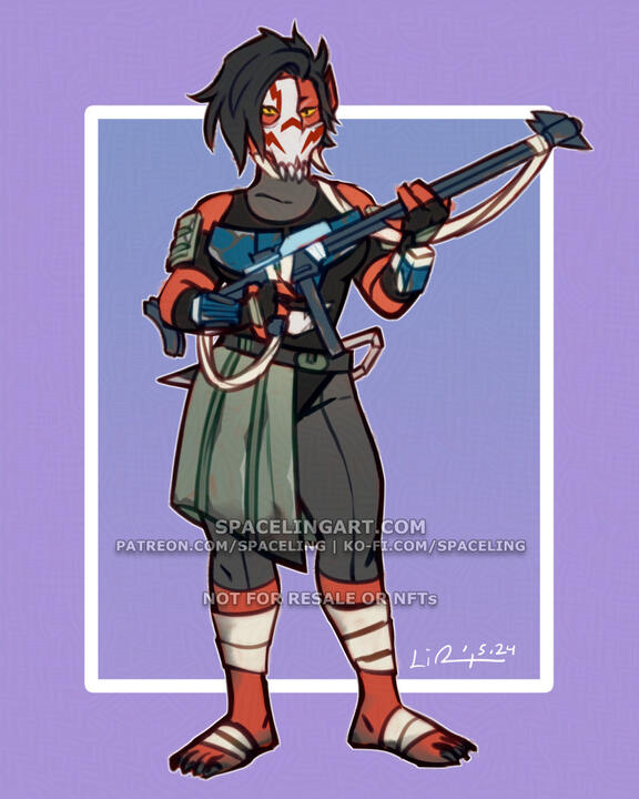 A digital illustration of a Star Wars kaleesh with a rifle. She has red-orange skin, a broken painted skull, and tusks.