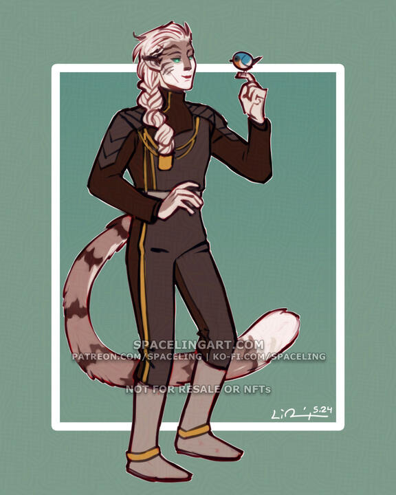 A digital illustration of a cathar in uniform with a long braid of fair hair; he is smiling subtly and holding the most roundest bird known in existence on his finger.