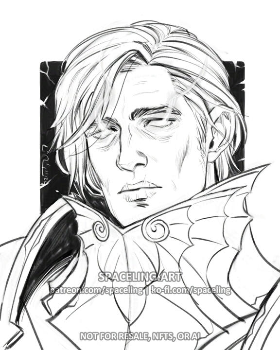 World of Warcraft fanart illustration of a human death knight. The image features a black and white sketch of a character with medium-length hair and armour with intricate designs, suggesting a fantasy or historical theme. The background consists of a dark