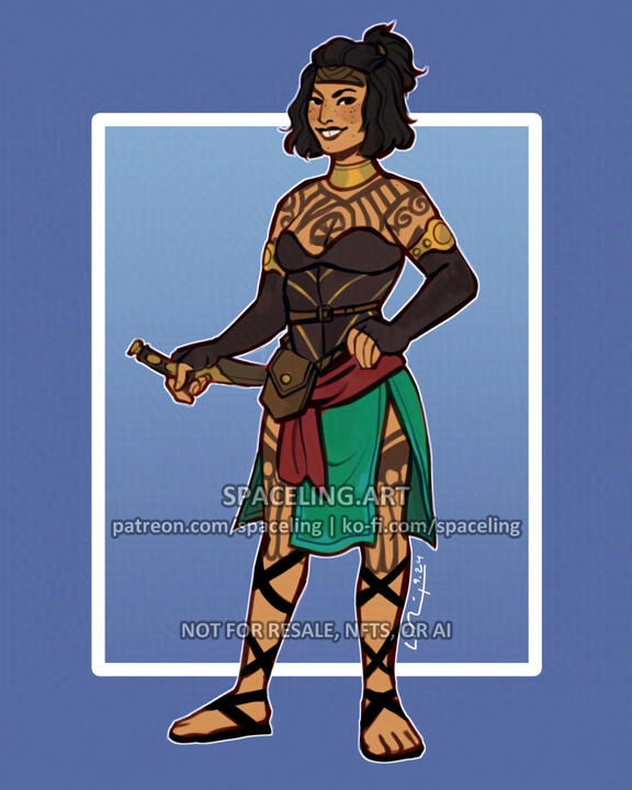 Illustration of a tattooed woman with a decorated dagger, in a teal split skirt and a bodice.