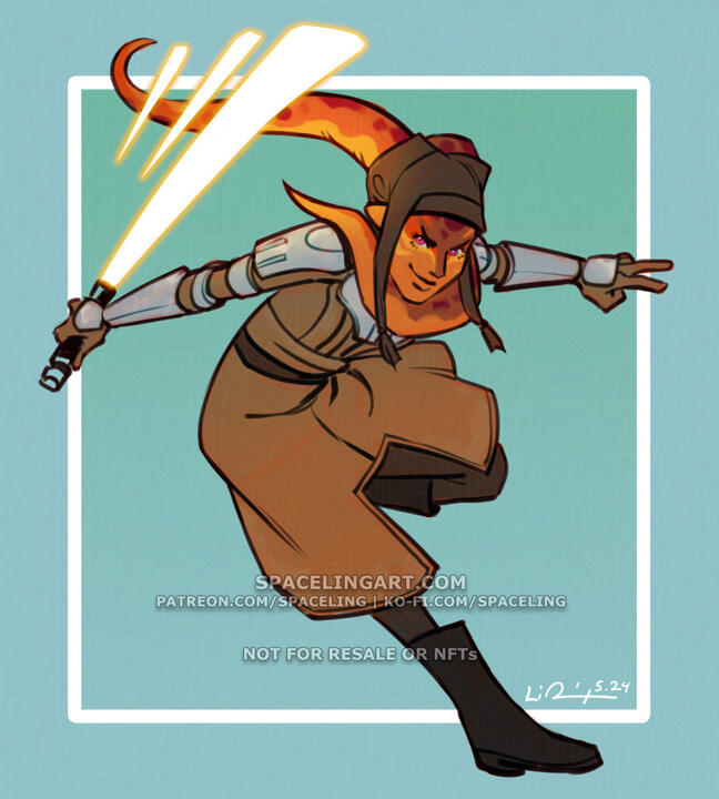 A digital illustration of an orange twi'lek padawan leaping through the air with a golden lightsaber.