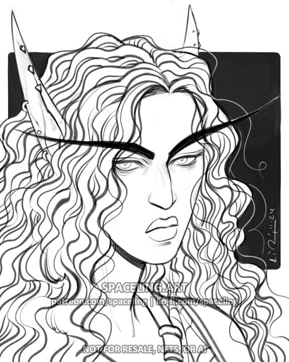 World of Warcraft illustration of a blood elf. The image features a detailed line art illustration of a character with long, wavy hair, long pointed ears, and a serious expression. The background is a solid dark color, which contrasts with the intricate de