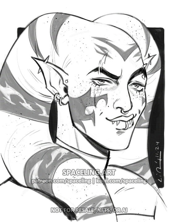 Star Wars fanart illustration. The image features a stylized black and white illustration of a twi'lek character. The character has pointed ears and a long head-tailes. The lines are bold and fluid, emphasizing the character's form. The background is minim