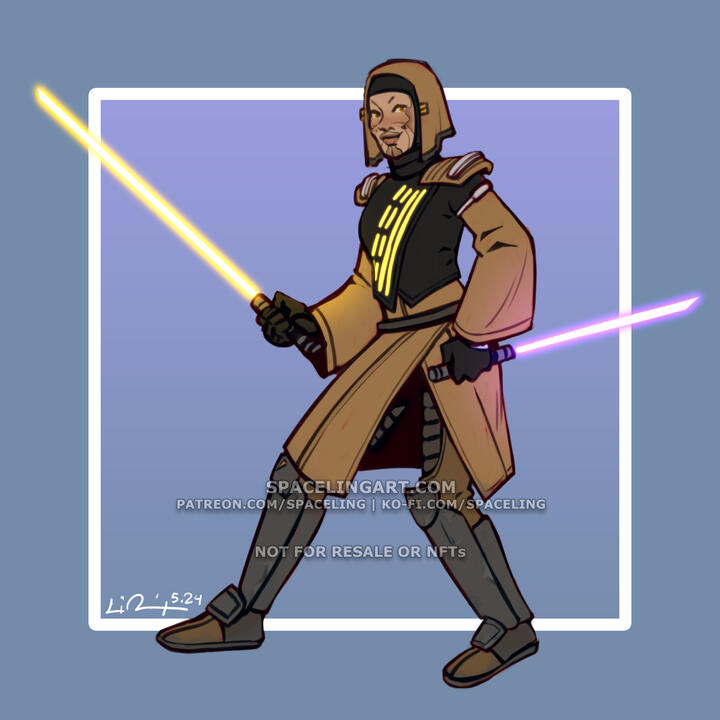 A digital illustration of a Jedi with facial tattoos and two lightsabers: one gold, and a shorter "shoto" lightsaber that is purple.