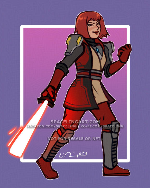Digital illustration of a woman with red hair and robes and a red lightsaber.
