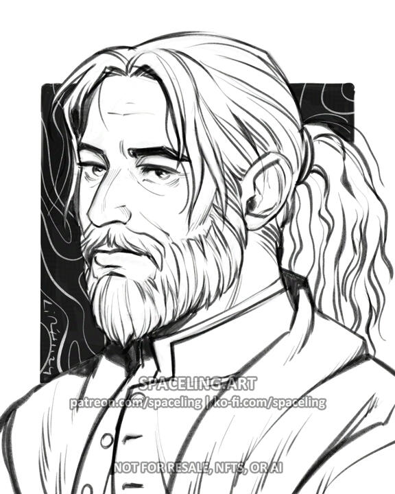 World of Warcraft fanart illustration. The image features a black and white illustration of a human character with long, flowing hair tied back in a ponytail. The character has a full beard and moustache and is wearing a collared shirt with buttons. The li