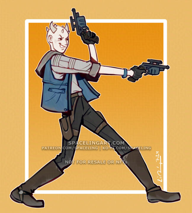 Illustration of a tall, pale zabrak dual wielding blasters.