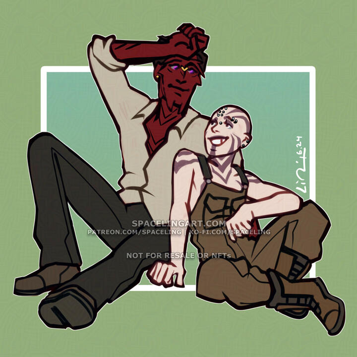 Digital illustration of a sith pureblood and a rattataki sitting on the ground and leaning against one another, smiling.