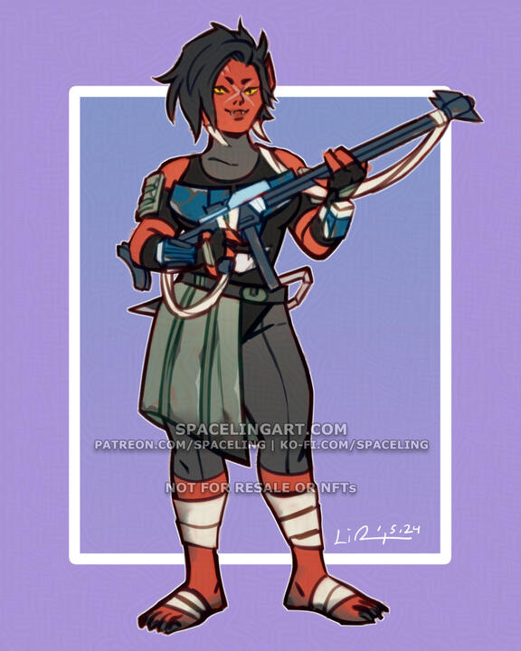 A digital illustration of a Star Wars kaleesh with a rifle. She has red-orange skin, and tusks.