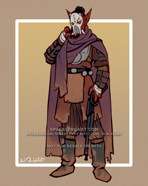 A digital illustration of a masked kaleesh with red skin and tusks dressed in desert hunter attire and holding a rifle of sorts.