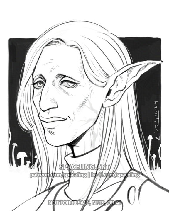 Fantasy illustration of an elf druid. The image features a black and white sketch of a character with long hair and pointed ears, suggesting a fantasy or mythical theme. The character is depicted in profile, wearing a detailed outfit. The background includ