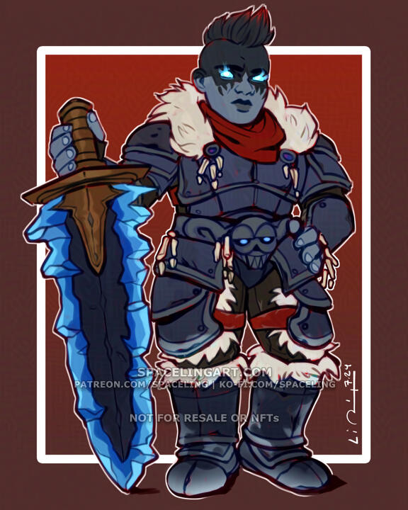 Illustration of a dark iron dwarf with a black mohawk and grey skin. She's clad in dark armour with a mantle of white fur, and a red scarf around her neck. The dwarf is standing a frozen greatsword on the ground with one hand, the other on her hip. The top