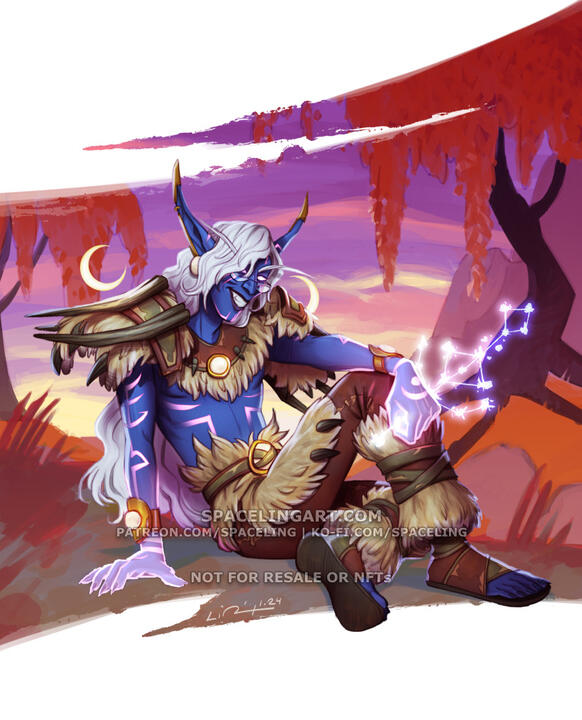 A digital illustration of a purple-skinned elf with white hair and glowing pink-purple runes and eyes. The elf is sitting with an art resting on one knee, holding a dagger made of stars. He is dressed in fantasy leathers and furs with druidic moons floatin