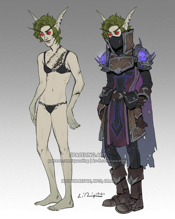 Fanart reference illustration of a vampiric elf from World of Warcraft. She's tall and lean with pale, discoloured skin and mossy-coloured hair cut shorter in a more masculine fashion. The drawing on the left depicts her in undergarments, which show off a