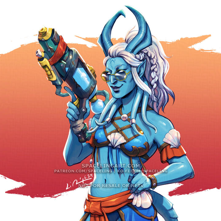Illustration of a blue-skinned draenei from World of Warcraft in a swimsuit and wielding a water gun.