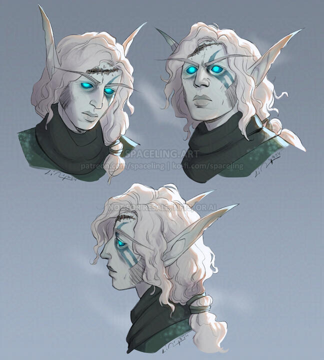 Three illustrations of an undead elf with large sideburns and long wavy white hair. He has a large gash in his forehead and a fading tattoo over his left eye.
