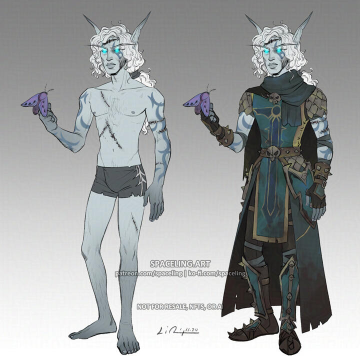 Fanart reference illustration of a vampiric elf from World of Warcraft. They are tall and lean with fair but discoloured, greyish skin, sideburns, and light, blond hair that is long and curly in a low ponytail. They also have grey-blue ranger tattoos on th