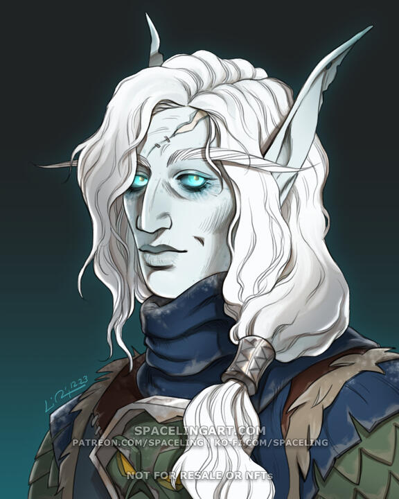 Digital painted portrait of an undead elf, a death knight. He has glowing blue eyes, long white hair pulled into a ponytail, and he is gently smiling at the viewer.