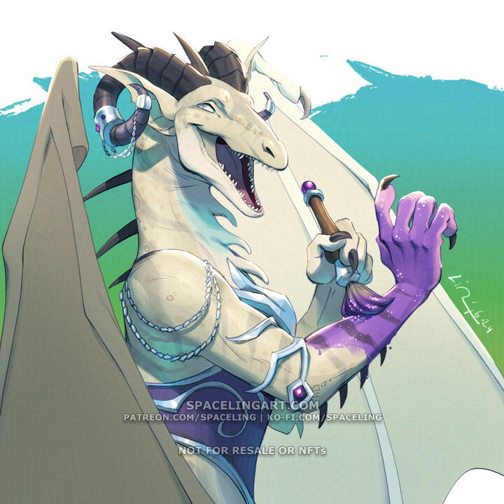 Illustration of a dracthyr with white scales applying enchanted paint onto his arm, turning his scales purple.