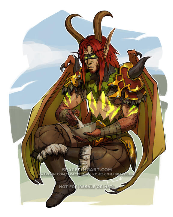 Illustration of a blood elf demon hunter from World of Warcraft working with a pestle and mortar. He has curved horns, long red hair, and glowing fel-green tattoos.