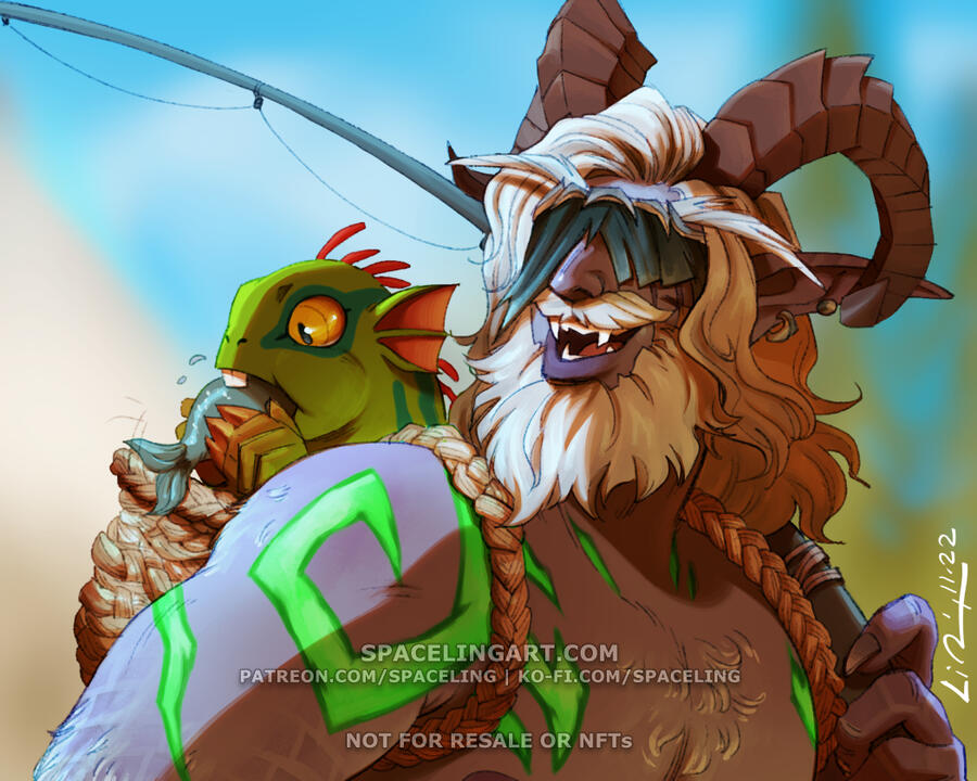 Illustration of a night elf demon hunter with a fishing pole, smiling at the baby murloc that he's carrying on his back.