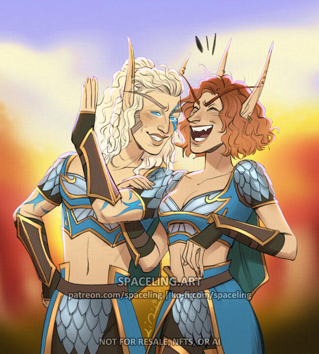 Illustration of two high elves from Warcraft gossiping and laughing. The one sharing gossip is masculine with long wavy blond hair and ranger tattoos; the other cackling elf is feminine and has curly red hair cut in a medium bob. Both are wearing ranger ma