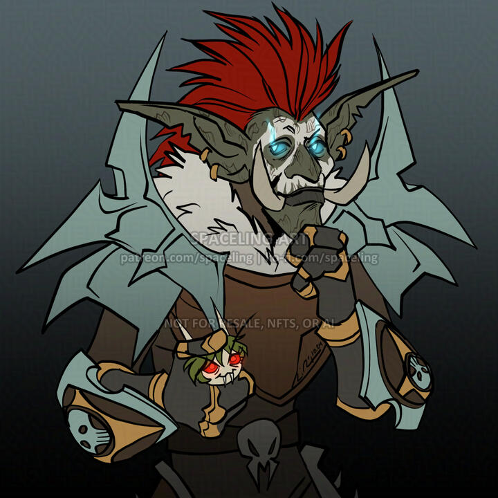 Illustration of a troll death knight holding his vampire elf girlfriend in his hand, based on a screenshot of a dog and kitten from Looney Tunes.