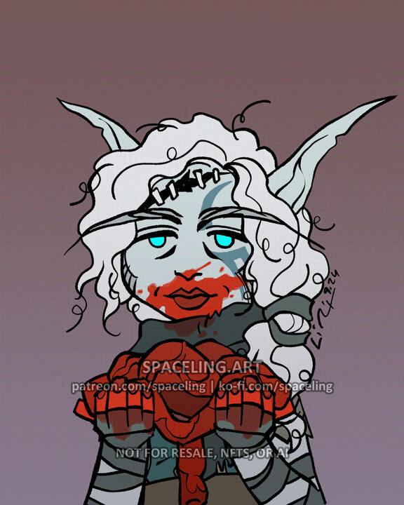 Illustration of an undead elf with a gash in their head; they're staring at the viewer with a blank expression. They are holding bloody organs in their hands and there is also blood on their mouth.