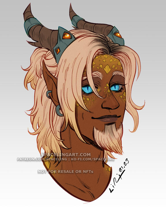 Illustration of a dracthyr in their elven visage. He has bright blue eyes with slit pupils, sandy-blonde hair, dark skin, and bronze scales accenting his face.