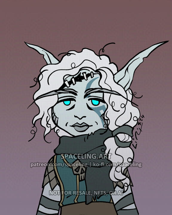 Illustration of an undead elf with a gash in their head; they're staring at the viewer with a blank expression.