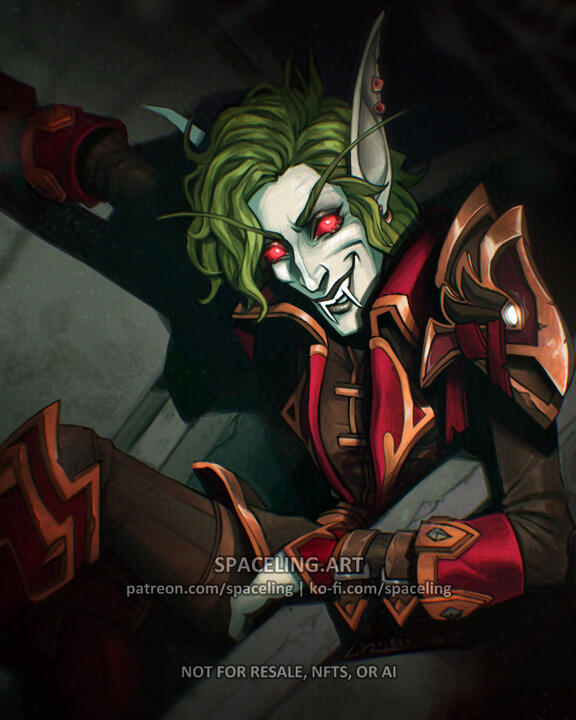 Illustration of a vampiric elf grinning at the viewer as she climbs out of a coffin.