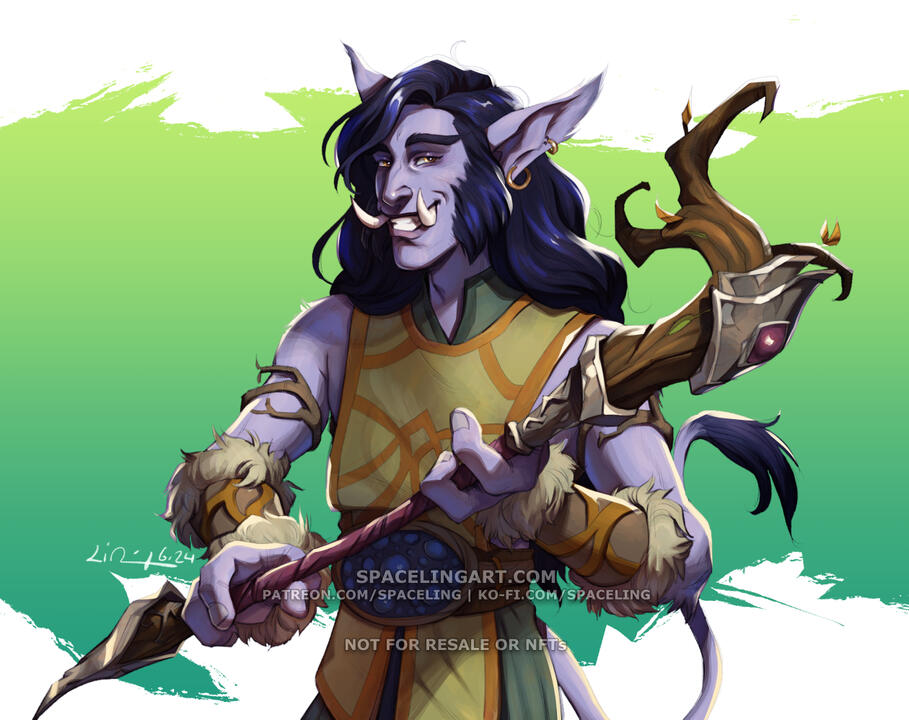 Illustration of a light purple troll from World of Warcraft with black hair, smiling at the viewer and holding a druidic staff.