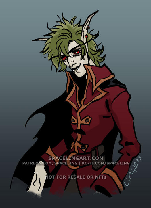 A vampiric elf with wild green hair and dressed regally looks at the viewer with tired eyes and a fangy smirk.