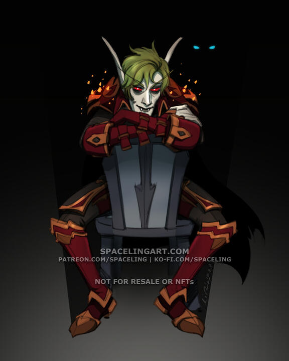 Illustration of a vampiric elf sitting backwards in a chair and smiling at the viewer. She has visible fangs, sallow skin, bright red eyes, long pointed ears, and wavy, short green hair.