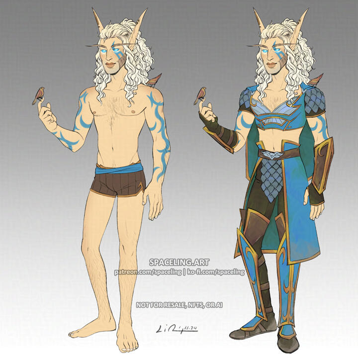 Fanart reference illustration of an elven ranger from World of Warcraft. They are tall and lean with fair skin, sideburns, and light, blond hair that is long and curly in a half-ponytail and braids. They also have blue ranger tattoos on their face and alon