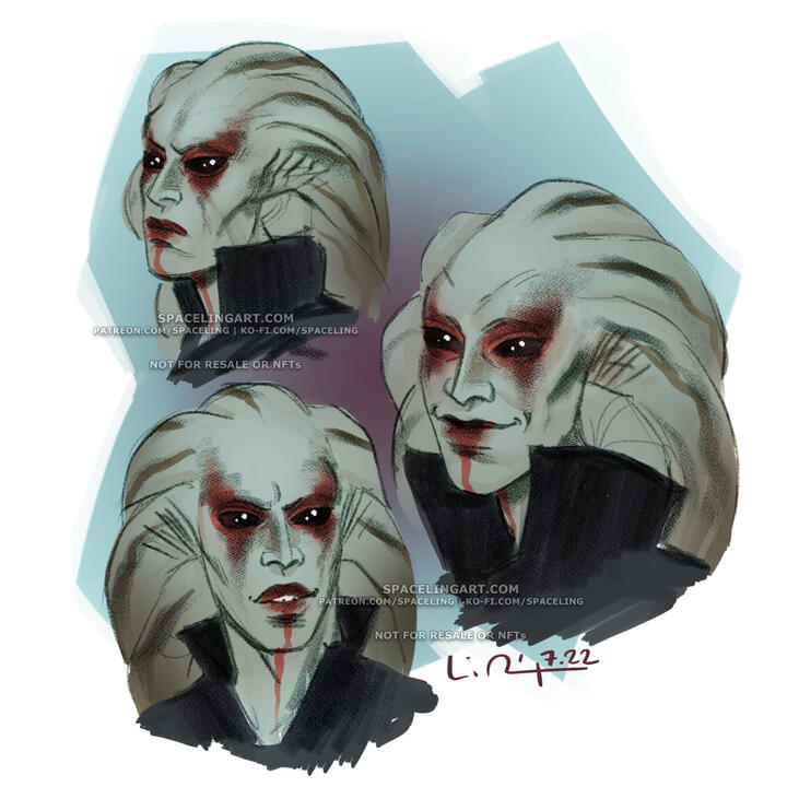 Sketch illustrations of a pale green nautolan sith with red markings on his face. There are three portraits with various expressions.