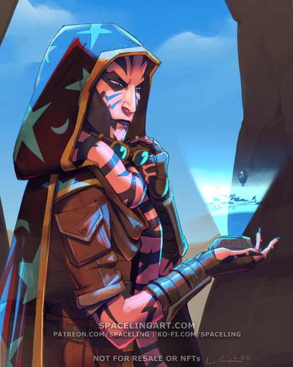 Illustration of a tattooed pink twi'lek in a robe and hood, holding up a holo-communicator. He's in the Tatooine desert and is looking over ruins.