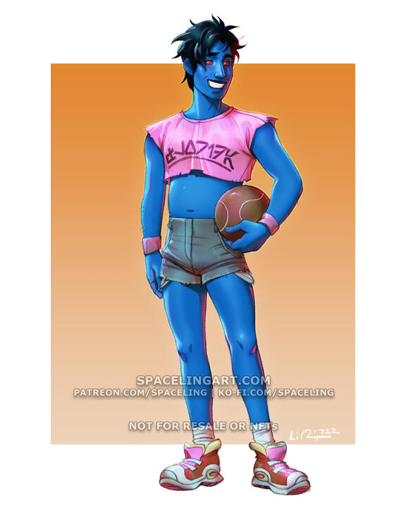 Illustration of a young chiss man ‒ with black hair, blue skin, and red eyes ‒ and wearing short-shorts and a pink midriff.