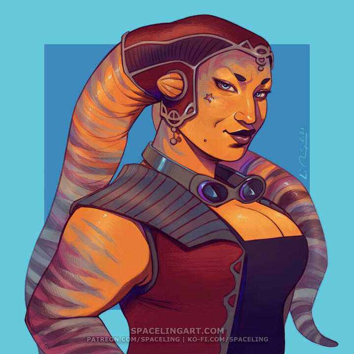 Illustration of a busty twi'lek woman with yellow-orange skin with pink and blue stripes.