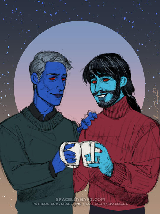 Illustration of a chiss couple with greying hair, wearing cosy sweaters.