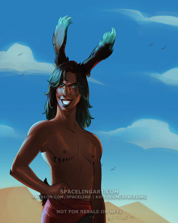 Illustration of a transmasc viera in front of a desert backdrop.