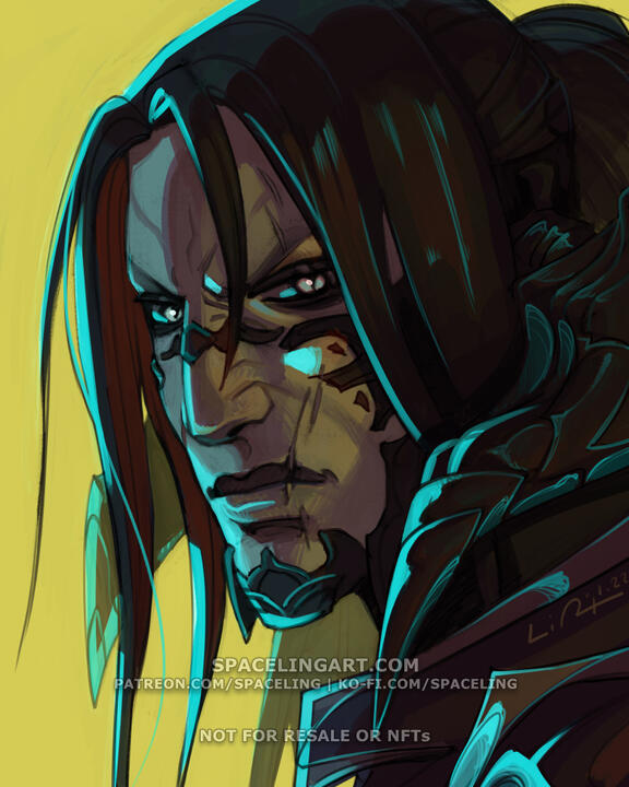 Illustration of an au ra, a draconic person with grey skin, black scales, and long, black hair.